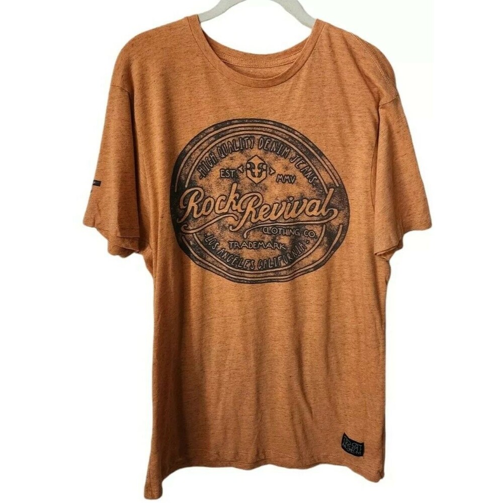 Rock Revival Orange Blue Medium / Large Men’s T-Shirt Logo Spell Out